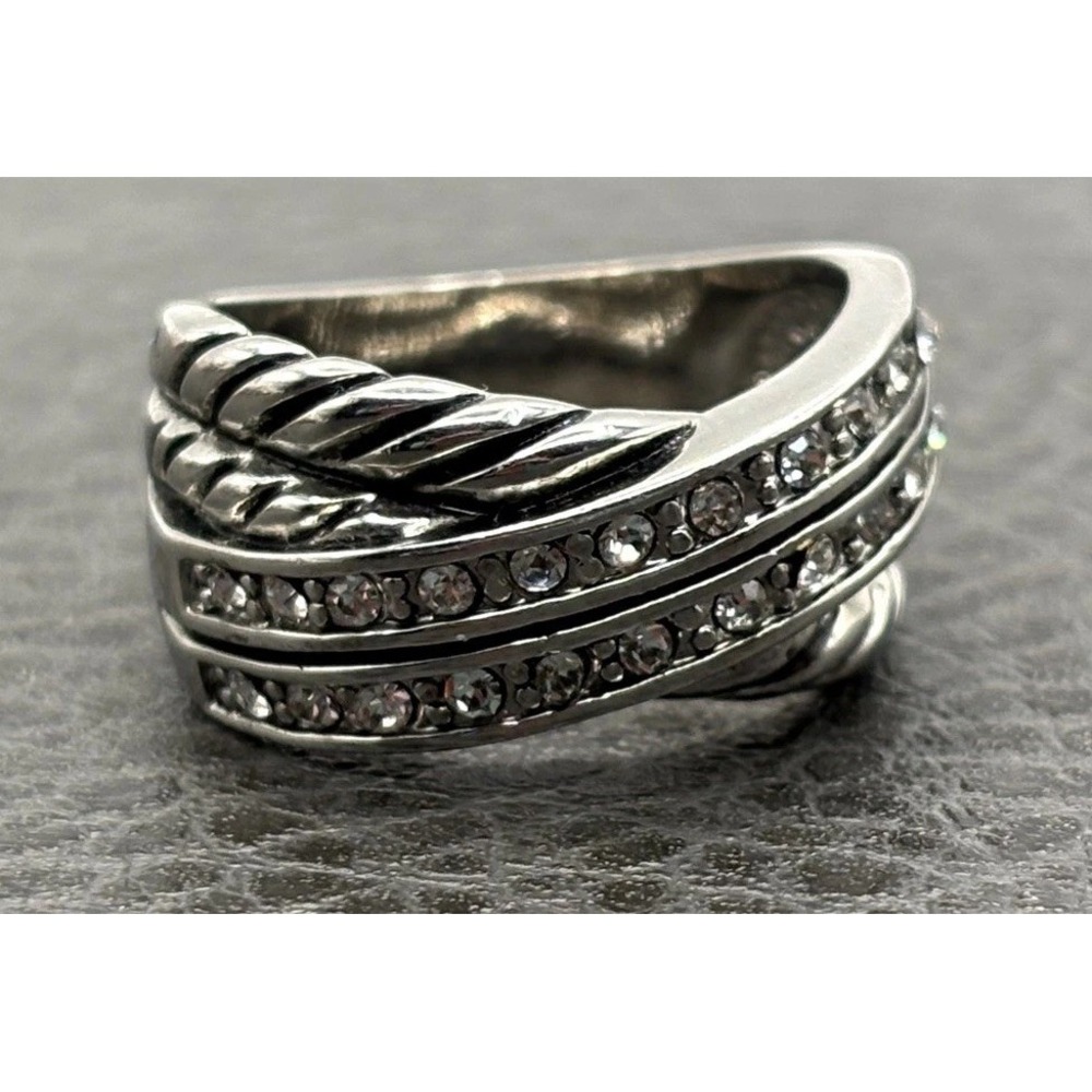 Woven Silver Plated Cubic Zirconia CZ Twisted Cocktail X Band Ring Sz 7